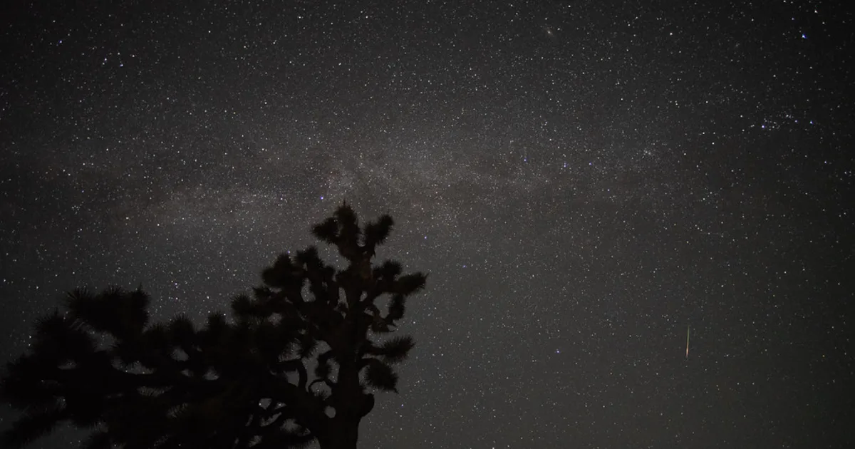 Perseid meteor streaking across a dark star-filled night sky above a desert horizon
